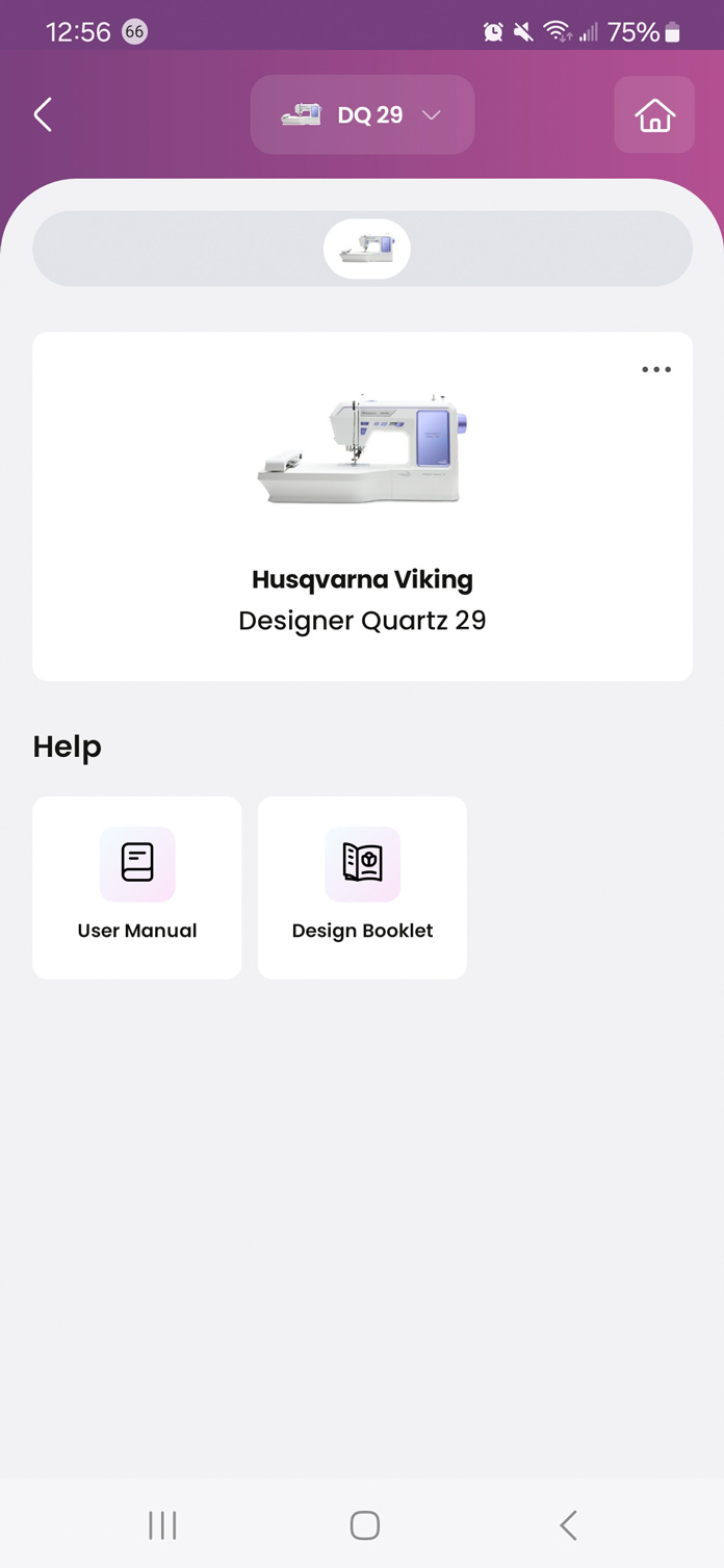 A screen from a smart device shows a sewing App with access to a User’s Guide and Design Booklet for the Husqvarna VIKING Designer Quartz 29; Husqvarna VIKING Designer Quartz 29, mySewnet Machine Embroidery Software, mySewnet Library, Husqvarna VIKING Tear-a-Way Light Stabilizer 15 Inches x 25 Yards