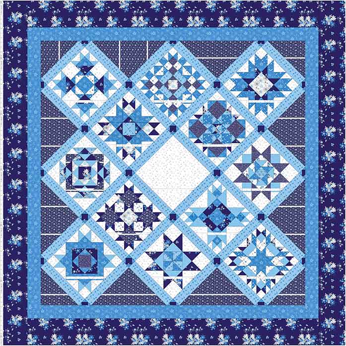 A drawing of a blue and white quilt made with Blue Stitch by Riley Blake Designs. 