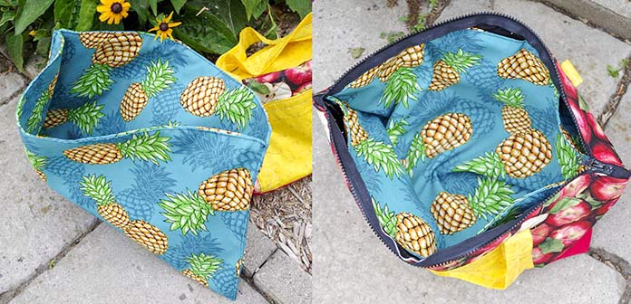 The left-hand picture shows the pineapple insert bag opened, sitting outside in the garden with the apple outside bag in the background. In the second picture, on the right, shows the bag opened with the pineapple insert inside. The pineapple fabric has a blue background with the pineapples facing various directions all over it 