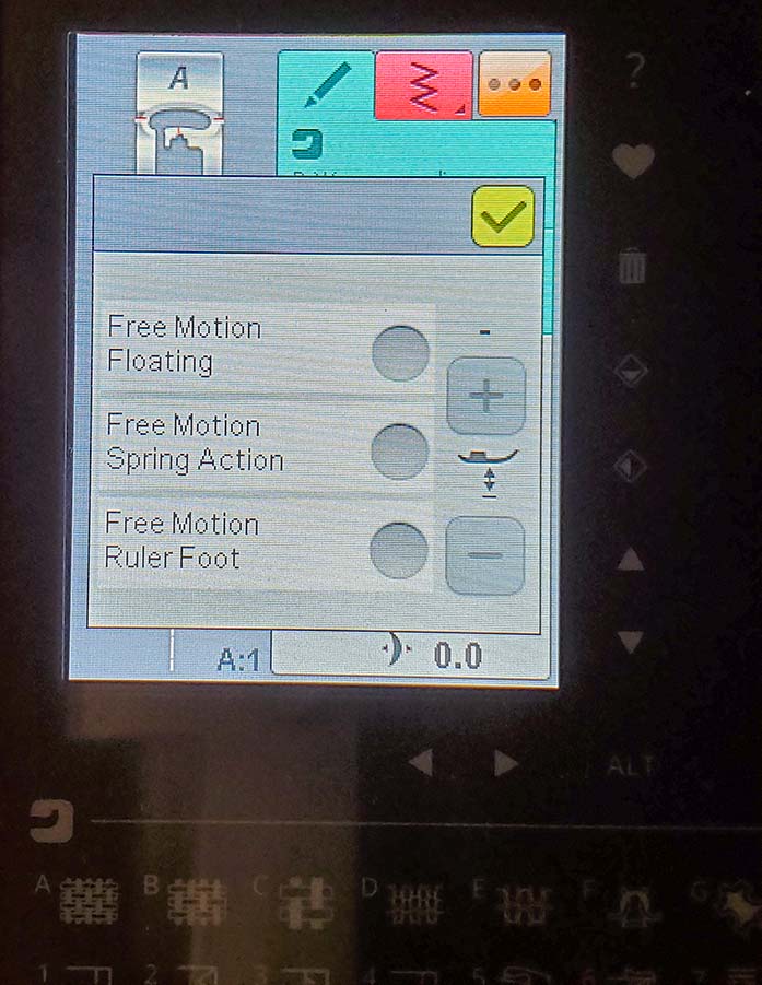The Free Motion technique options on the Husqvarna Viking Brilliance 75Q sewing machine