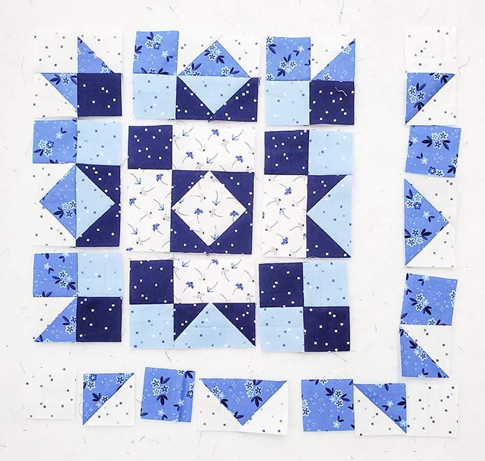 The quilt block made with the Blue Stitch collection by Riley Blake Designs. Block 10 of the Spectrum QAL 2020 made with the Blue Stitch collection by Riley Blake Designs.