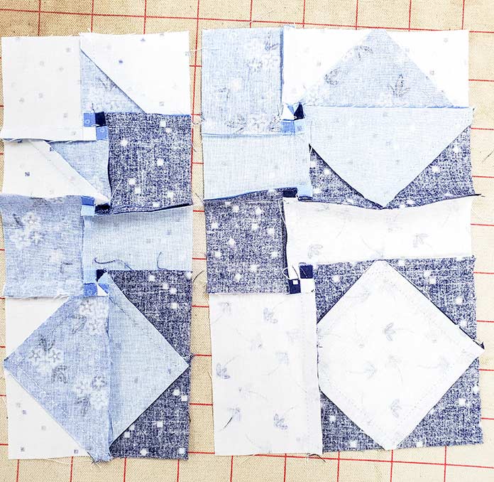 Twirling the seams of the quilt block. Block 10 of the Spectrum QAL 2020 made with the Blue Stitch collection by Riley Blake Designs.