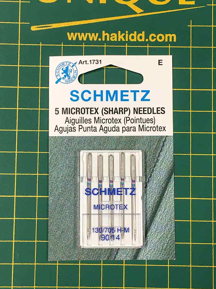 SCHMETZ Microtex needles are nice and sharp, and can be used for all types of fabrics like micro fibers, polyester, silk, foils, artificial leather, and coated materials. The very thin, acute point creates beautiful topstitching and perfectly straight stitches for quilt piecing.