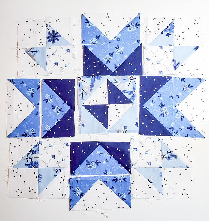 Blue Stitch fabrics by Riley Blake Designs in components for a quilt block