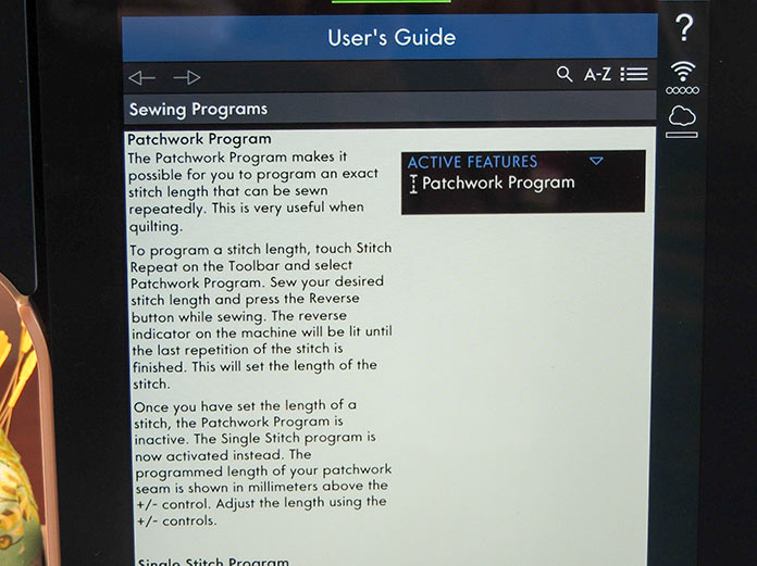 The Patchwork Program User’s Guide located on the multi-touch screen of the PFAFF performance icon