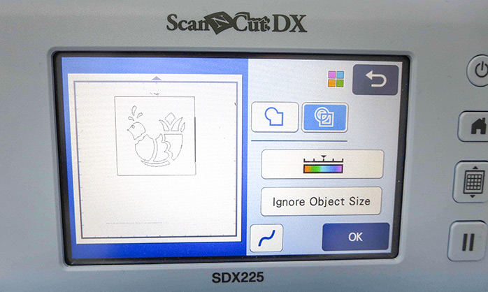 The scanned image is on the screen, ready for editing, Brother ScanNCut SDX225, Brother scanning mat, Brother stencil sheet, Brother hook and spatula set 
