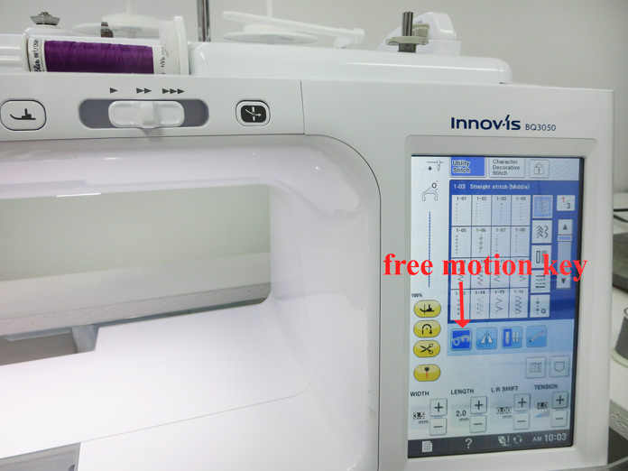 The screen of the Innov-ís BQ3050 showing the free motion key. Innov-ís BQ3050 sewing and quilting machine, MuVit Digital Dual Feed Foot, Sugar Crystals fabric collection by Banyan Batiks, Brother ScanNCut SDX225 cutting machine, Brother CADBLDQ1 Thin Fabric Auto Blade, Brother CADXMATF12 Fabric Mat