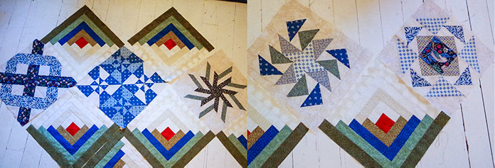 The various samplers, including flying geese, star, pinwheels and knots, as well as the log cabins in the blues, greens and off whites and reds that I’m using for my quilt. 