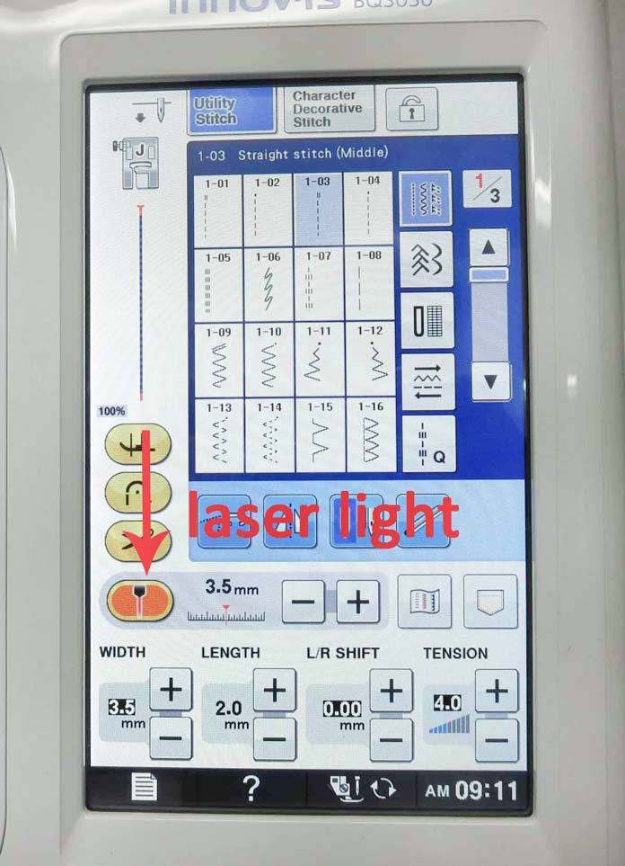 A computerized screen showing the laser vision guide key on the Brother Innov-ís BQ3050. Brother Innov-ís BQ3050 sewing and quilting machine, Brother SA186 Metal Open-Toe Foot, Brother SA204C Dual-Feed Stitch-in-the-Ditch Foot, Brother SA195 MuVit Open-Toe Dual-Feed Foot