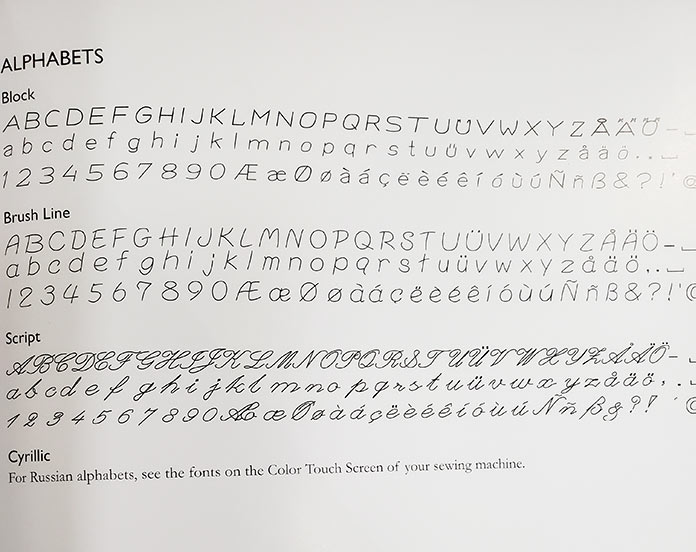 A printout of the four built-in fonts in the User’s Guide of the Husqvarna Viking Brilliance 75Q. Husqvarna Viking Brilliance 75Q sewing machine