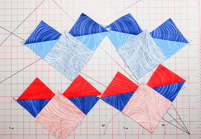 To complete the flying geese units, sew each of the remaining two Fabric C squares onto the corners of the Fabric E sections of the CEC units. Press and cut along the diagonal line. Spectrum QAL 2020 Block 9, Wave Texture collection by Benartex.