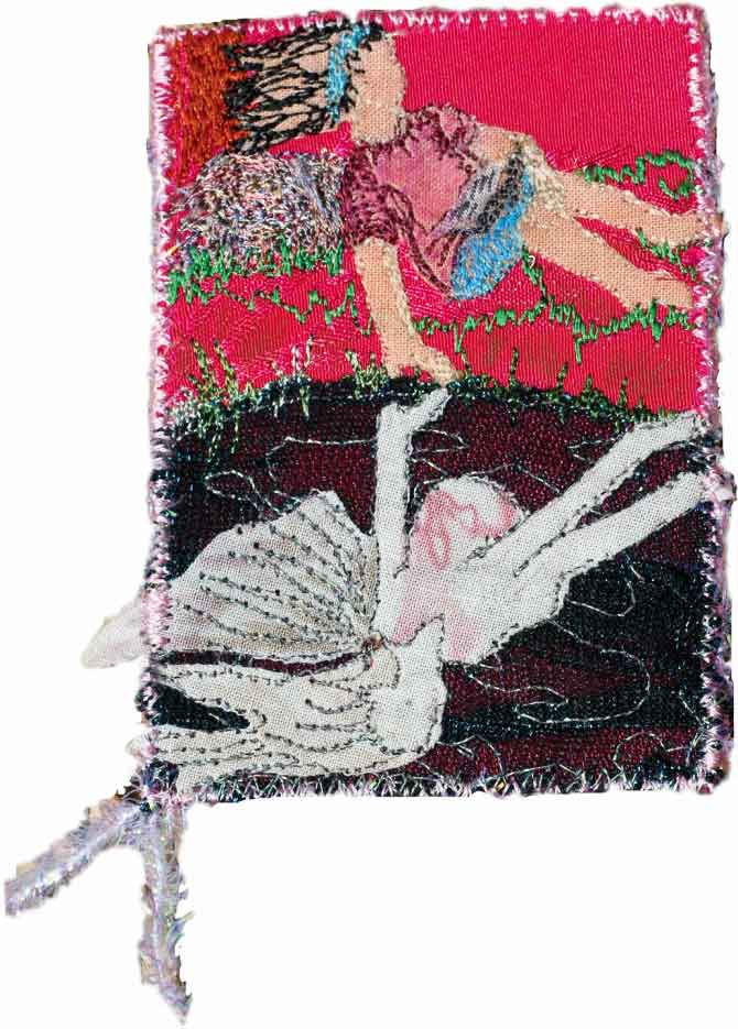 Playing with machine stitching, and sampling different fabric textures is a great way to let the imagination loose! This artist trading card created by Debbie Bates.