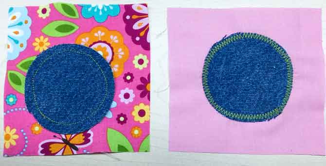2 quilt blocks with a denim circle in the middle.