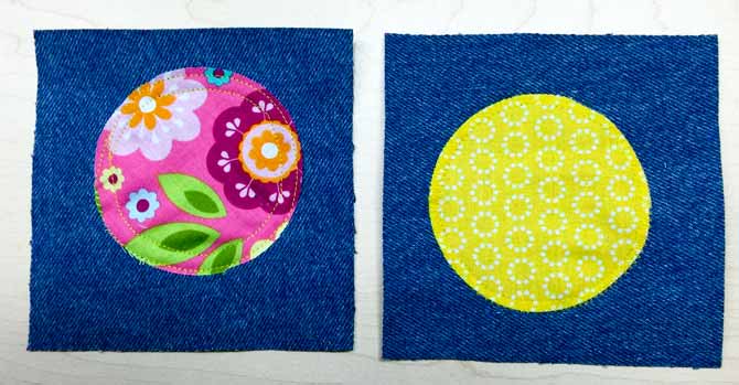 5" denim squares with 3" cotton circle in middle.