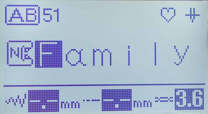The LCD display on the Brother NQ900 shows the character stitches selected for the label.