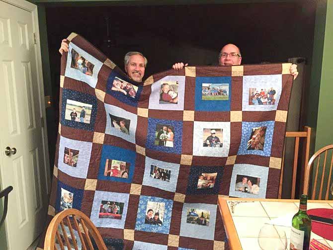 My cousin Marcel and I with his photo memory quilt.