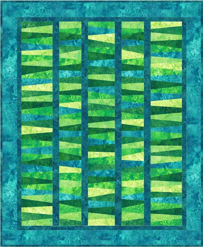 Jean Boyd's Wonky Strips quilt with sashing was made using Northcott Stonehenge Brights in Rainforest and Lagoon colorways.