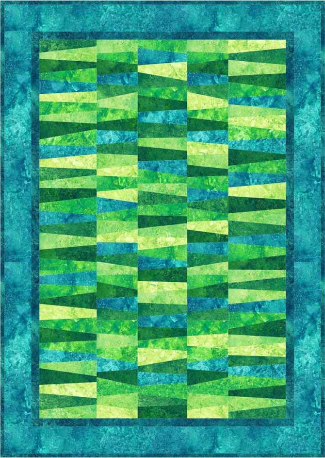 Another Wonky Strips quilt without sashing makes for an even more mesmerizing look. Northcott Stonehenge Brights in Rainforest and Lagoon colorways.