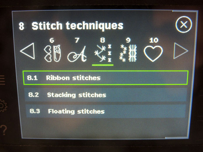 The stitch techniques are in menu 8 on the PFAFF quilt expression 720.