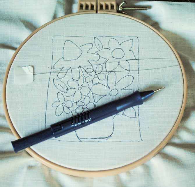 The punchneedle design is drawn on weaver's cloth then mounted in a hoop. Shown here with a Cameo punchneedle which will be threaded with Razzle thread from WonderFil.