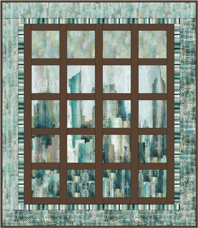One version of a quilt design created in EQ using Northcott's City Scene panel.