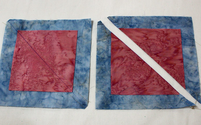 Sew on both sides of the diagonal line and cut on the drawn line.