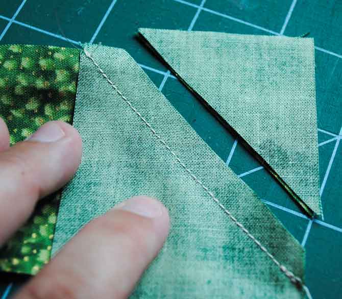 Sewing the binding strips together with a mitred join
