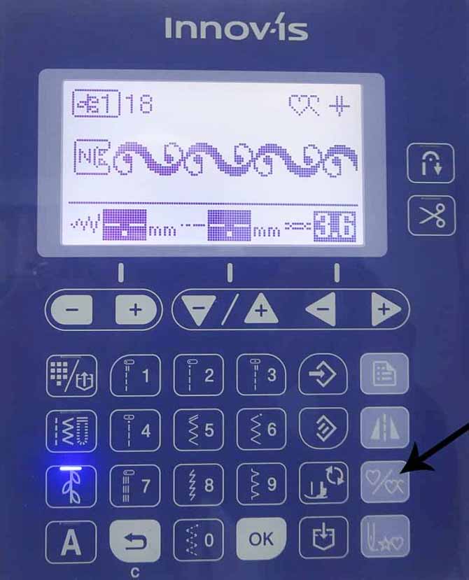 When you touch the single/repeat sewing button on the NQ900 again, you can sew the stitch design continuously. This is shown in the LCD screen as a heart shape plus half a heart shape.