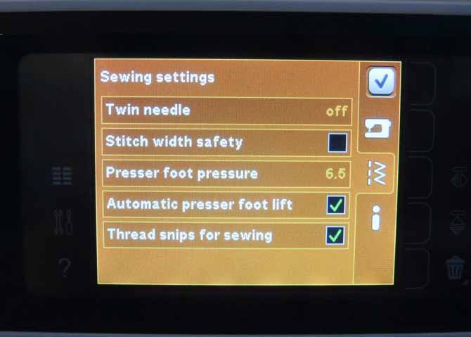 Sewing settings menu Color Touch Screen Performance 5.2