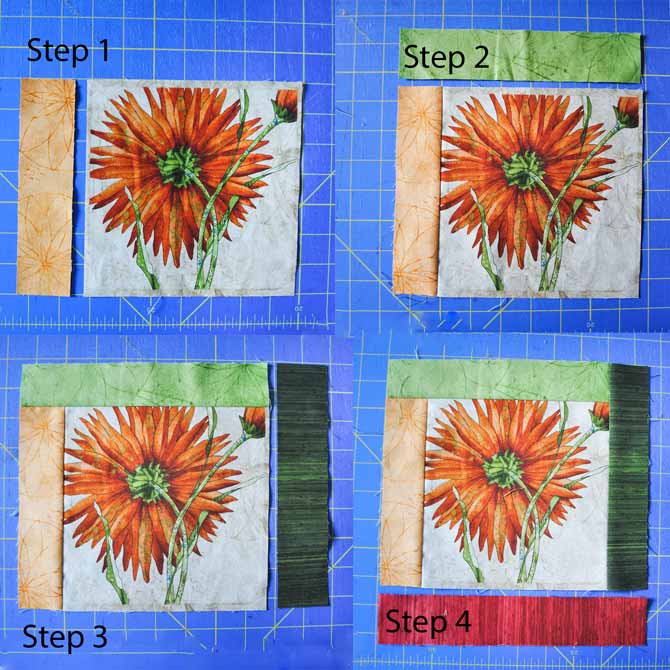 The four steps for adding the first four log cabin strips to the block
