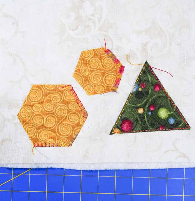3 shapes with 3 different types of stitching in variegated thread