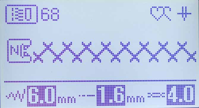 The LCD display on the Brother NQ900 showing the stitch selection used for decorative stitches on the binding of the baby quilt.