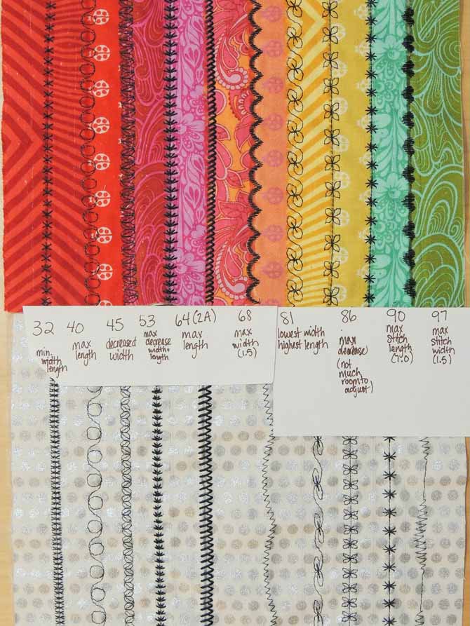 The PFAFF passport 3.0 stitch samplers with notes that were taken as to which stitch was used and any adjustments that were made.