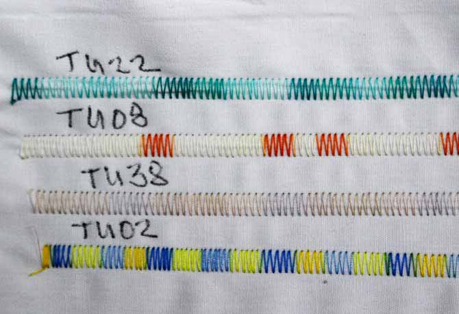 Here are 4 samples of WonderFil's cotton variegated thread, Tutti stitched out to show the random color changes