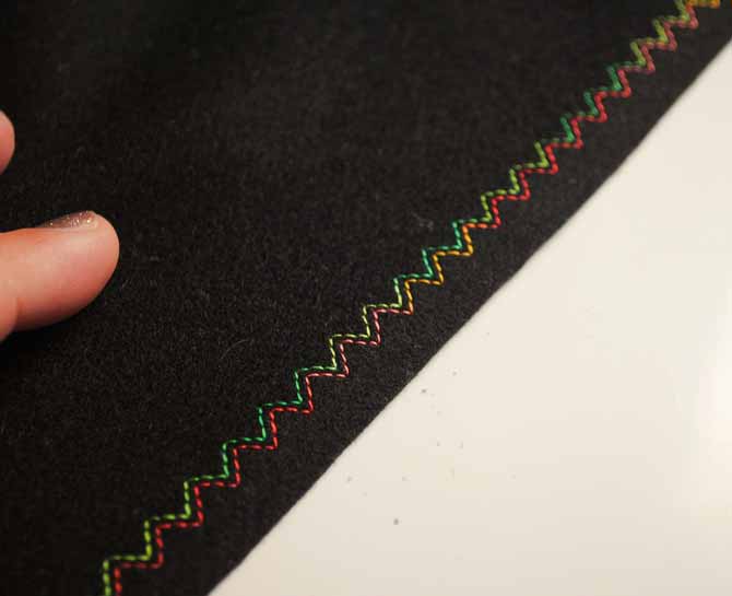The NQ900 3 steps elastic zigzag stitch with the twin needle on black wool.